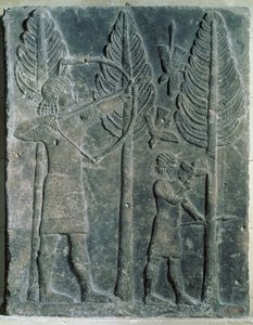 Reliëf dat de jacht op vogels in de bossen toont, uit het paleis van Sargon II in Khorsabad, Irak
